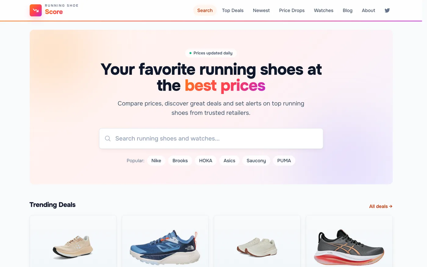 The Running Shoe Score home page: a search box under the headline "Your favorite running shoes at the best prices", above a row of trending deals.
